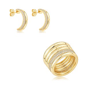 Conjunto de brinco e anel com detalhe em zircônia cristal Banho em ouro 18k