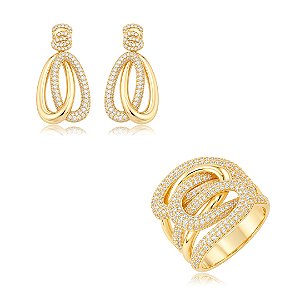 Conjunto de Brinco e Anel liso com detalhe em zircônia Banho em Ouro 18K