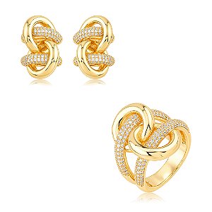 Conjunto de Brinco e Anel com detalhes em zircônia cristal Banho em Ouro 18K