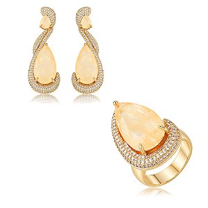 Conjunto de Brinco e Anel Luxo cravejado e com pedra Fusion Morganita Banho em ouro 18k