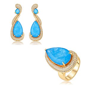 Conjunto de Brinco e Anel Luxo cravejado e com pedra Fusion Topázio Banho em ouro 18k