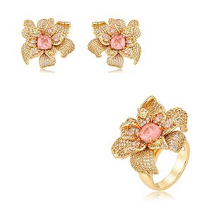 Conjunto de flor brinco e anel em zircônia colorida e pedra Fusion Rodonita