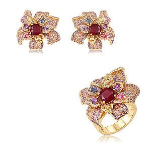 Conjunto de flor brinco e anel em zircônia colorida e pedra Fusion rubi