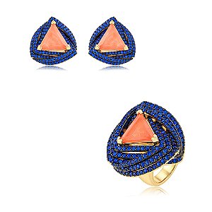 Conjunto de brinco e anel em zircônia safira com pedra Fusion Coral