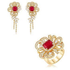 Conjunto Brinco e Anel de Flor cravejado em zircônia com pedra Fusion Rubi Banho em Ouro 18K
