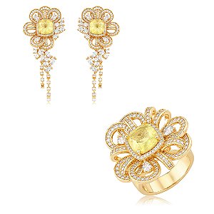 Conjunto Brinco e Anel de Flor cravejado em zircônia com pedra Fusion yellow Banho em Ouro 18K