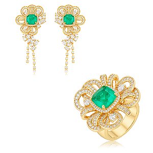 Conjunto Brinco e Anel de Flor cravejado em zircônia com pedra Fusion turmalina Banho em Ouro 18K