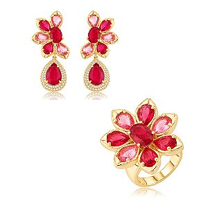 Conjunto de Brinco e Anel flor com Pedras Fusion Rubi e Rodonita Banho em Ouro 18K