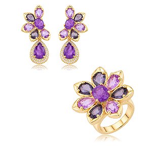 Conjunto de Brinco e Anel flor com Pedras Fusion Ametista Banho em Ouro 18K
