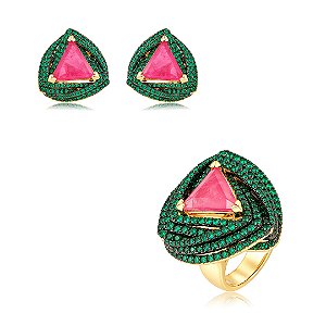 Conjunto de brinco e anel em zircônia Esmeralda com pedra Fusion Pink