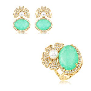 Conjunto de Brinco e Anel Flor com Pedra Fusion Turmalina e detalhe em Pérola Shell Banho em Ouro 18K
