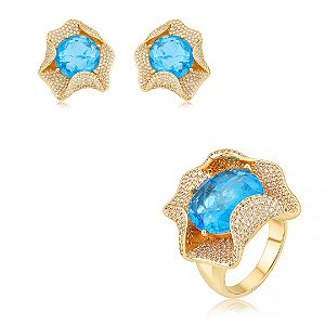 Conjunto de Brinco e Anel Flor com Pedra Fusion Topázio e Zircônia cristal Banho em Ouro 18K