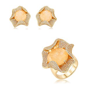 Conjunto de Brinco e Anel Flor com Pedra Fusion Morganita e Zircônia cristal Banho em Ouro 18K