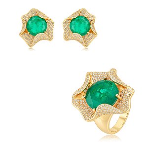 Conjunto de Brinco e Anel Flor com Pedra Fusion Esmeralda e Zircônia cristal Banho em Ouro 18K