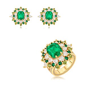 Conjunto de Brinco e Anel de zircônia com Pedra Fusion Esmeralda Banho em Ouro 18K