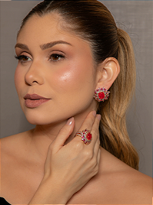 Conjunto de Brinco e Anel de zircônia com Pedra Fusion Rubi Banho em Ouro 18K