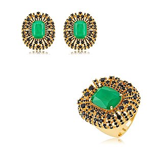 Conjunto de Brinco e Anel em zircônia ônix com Pedra Fusion Esmeralda Banho em Ouro 18K