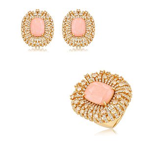 Conjunto de Brinco e Anel em zircônia champanhe com Pedra Fusion Morganita Banho em Ouro 18K