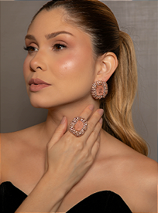 Conjunto de Brinco e Anel em zircônia champanhe com Pedra Fusion Morganita Banho em Ouro 18K