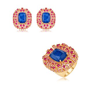Conjunto de Brinco e Anel em zircônia pink com Pedra Fusion Safira Banho em Ouro 18K