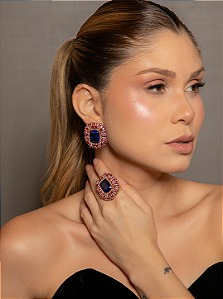 Conjunto de Brinco e Anel em zircônia pink com Pedra Fusion Safira Banho em Ouro 18K