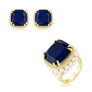 Conjunto de Brinco e Anel com Pedra Fusion Safira e Pérolas Shell Banho em Ouro 18K