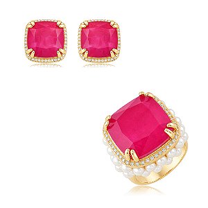 Conjunto de Brinco e Anel com Pedra Fusion Fúcsia e Pérolas Shell Banho em Ouro 18K