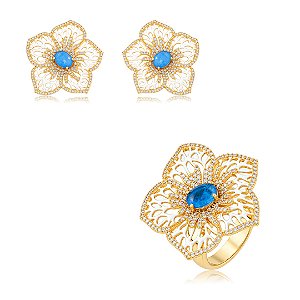 Conjunto de Brinco e Anel Flor esmaltado com Pedra fusion Safira Banho em Ouro 18K