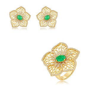 Conjunto de Brinco e Anel Flor cravejado com Pedra fusion Turmalina Banho em Ouro 18K