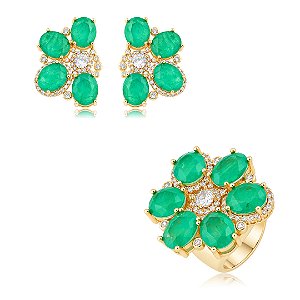 Conjunto luxo de brinco e anel cravejado de zircônia e pedra fusion turmalina banho em ouro 18k