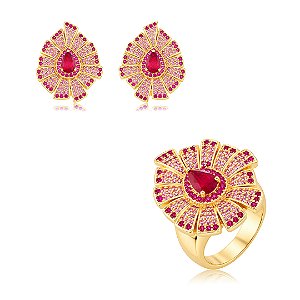 Conjunto de Brinco e Anel gota cravejado em zircônia Pink Banho em Ouro 18K