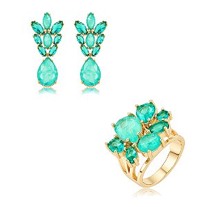 Conjunto luxo de brinco e anel cravejado de zircônia com pedra fusion Turmalina banho em ouro 18k