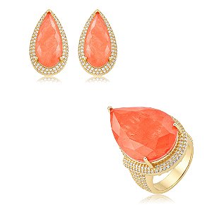 Conjunto de brinco e anel com pedra fusion coral e cravejado de zircônia banho em ouro 18k