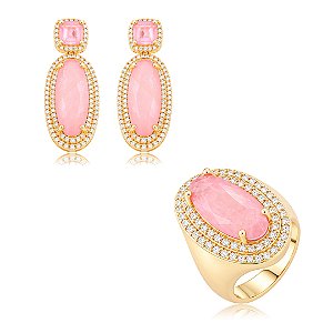 Conjunto Luxo de Brinco e Anel em zircônia cristal e Pedra Fusion Rodonita Banho em Ouro 18K