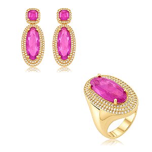 Conjunto Luxo de Brinco e Anel em zircônia cristal e Pedra Fusion Fúcsia Banho em Ouro 18K