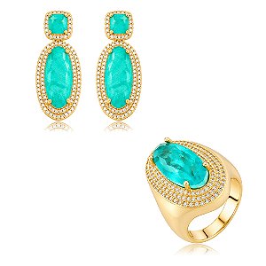 Conjunto Luxo de Brinco e Anel em zircônia cristal e Pedra Fusion Turmalina Banho em Ouro 18K