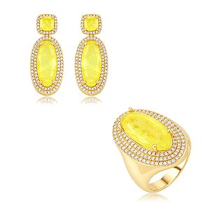 Conjunto Luxo de Brinco e Anel em zircônia cristal e Pedra Fusion Yellow Banho em Ouro 18K