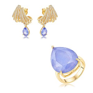 Conjunto de Brinco e Anel Gota com Pedra Fusion Ametista Banho em Ouro 18K