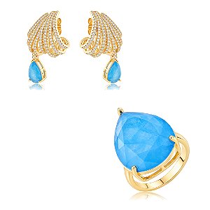 Conjunto de Brinco e Anel Gota com Pedra Fusion topázio Banho em Ouro 18K