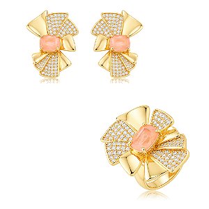 Conjunto de Brinco e Anel Liso com zircônia cristal e Pedra Fusion Morganita Banho em Ouro 18K