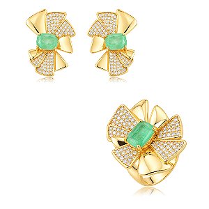 Conjunto de Brinco e Anel Liso com zircônia cristal e Pedra Fusion Aqua Banho em Ouro 18K