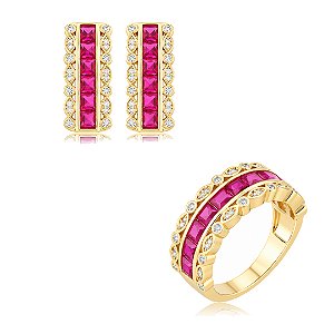 Conjunto de Brinco e Anel cravejado com zircônia Pink Banho em Ouro 18K