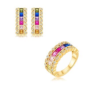 Conjunto de Brinco e Anel cravejado com zircônia colorida Banho em Ouro 18K