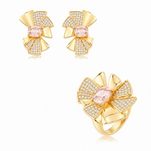 Conjunto de Brinco e Anel Liso com zircônia cristal e Pedra Fusion Rodonita Banho em Ouro 18K