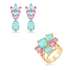 Conjunto luxo de brinco e anel cravejado de zircônia com pedra fusion Aqua banho em ouro 18k