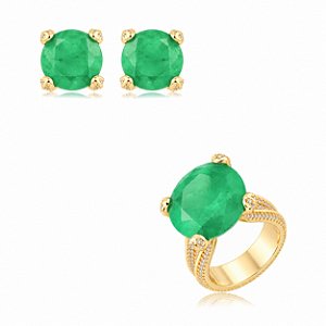 Conjunto de brinco e anel cravejado de zircônia cristal e pedra fusion esmeralda banho em ouro 18k