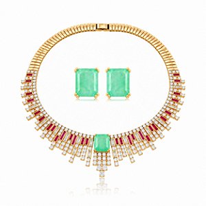 Conjunto de Brinco e Colar Luxo Cravejado com detalhe em Pedra Fusion Turmalina Banho em Ouro 18K