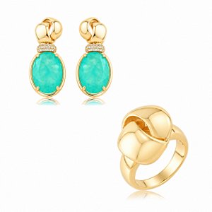 Conjunto de brinco e anel cravejado de zircônia e pedra fusion turmalina banho em ouro 18k