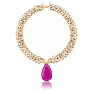 Colar Cravejado de zircônia e pingente em pedra Fusion Fúcsia Banho em Ouro 18K