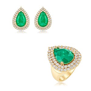 Conjunto de brinco e anel com zircônia cristal e pedra fusion esmeralda banho em ouro 18k